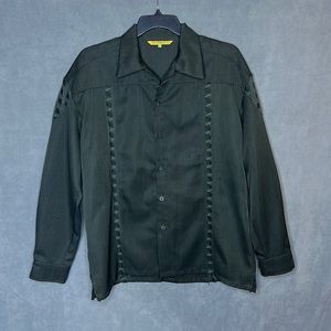 Vintage Silversilk Men's Large Button Up Shirt with Knit Inlay Details Green